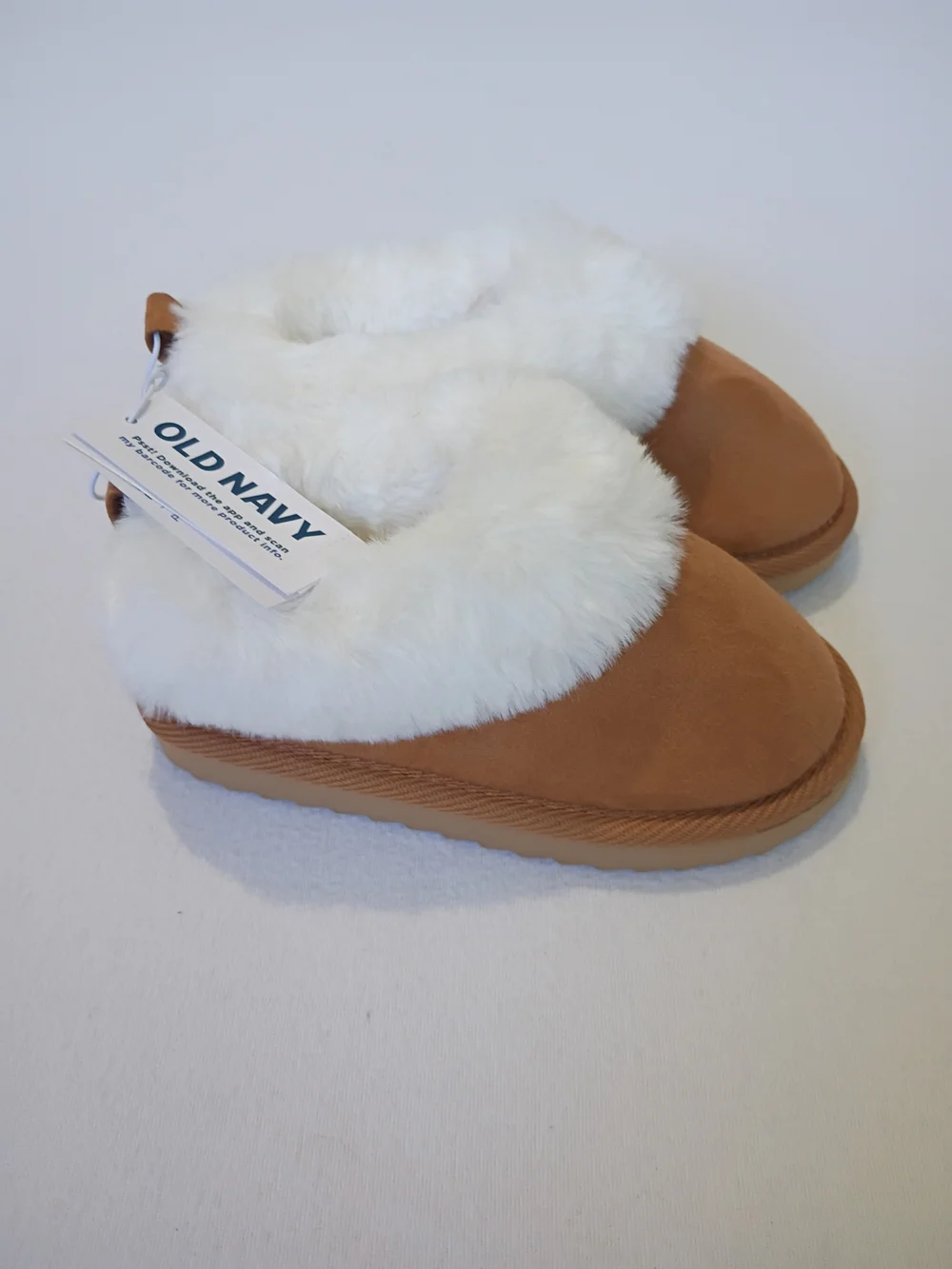 Old Navy Preppy Tan Slipper Booties with White Faux Fur Cuff Size 9 Toddler